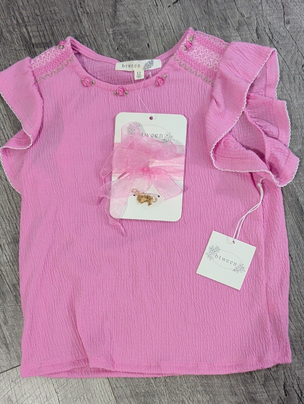 btween Pink Floral Trim Textured Top, Size Girls 12